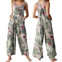 Salopetă florală pentru femei cu decolteu rotund, pantaloni lungi, top cu bretele late, croială lejeră de vară, material poliester și in 5