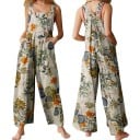 Salopetă florală pentru femei cu decolteu rotund, pantaloni lungi, top cu bretele late, croială lejeră de vară, material poliester și in 7