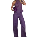 Salopetă damă mov Decolteu rotund Pantaloni lungi Top cu bretele late Croi asimetric Poliester ușor 4