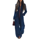 Damsoverall blå med dragkedja V-ringning Lång ärm Långa byxor Elegant kroppsnära passform Bekväm polyester 3