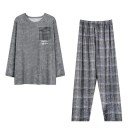 Herrpyjamas långärmad och rutiga byxor O-hals Polyester Spandex Grå bekväm pyjamas med ficka 2