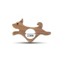 Trä bokmärke med ringform och motiv av en springande hund, hål 2,2 cm för tumme, ergonomisk för att läsa med en hand 2