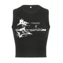 Damskt linne svart Rund halsringning Breda axelband Gitarrtryck Polyester spandex bekväm elastisk topp 1