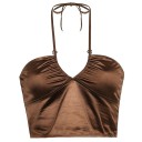 Damskt Crop Top Topp Brun V-ringad Tunn axelremmar Rund hals Stiligt sommartopp Polyester Spandex 1