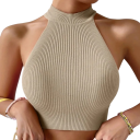 Damtröja Beige Crop top Universell storlek Breda axelband runt halsen O-halsning Rullkrage Polyester spandex 1