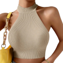 Damtröja Beige Crop top Universell storlek Breda axelband runt halsen O-halsning Rullkrage Polyester spandex 2