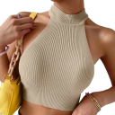 Damtröja Beige Crop top Universell storlek Breda axelband runt halsen O-halsning Rullkrage Polyester spandex 4