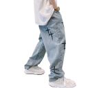 Herrjeans blå med stjärntryck, låg midja, lös passform, med fickor, polyester, bomull 5