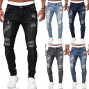 Svarta slitna skinny jeans för män med fickor, denim, låg midja 2