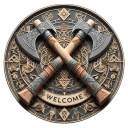 Vikingská uvítací cedule se sekerami 20 x 20 cm Kulatá dřevěná dekorace 2D placatá nástěnná ozdoba Vikingský motiv 1