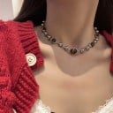 Choker de acero inoxidable Collar ajustable Perlas marrones Aspecto retro natural Joyería de moda para mujeres 2
