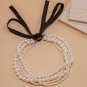 Colier din perle cu mai multe straturi de 36 cm cu fundiță neagră, închidere elegantă 8