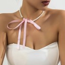 Collar choker de perlas para mujer de 38 cm con lazo de colores, atado con lazo 8