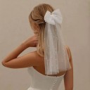 Bröllopsrosett för håret Lång tyllband med pärlor Elegant hårspänne för bruden till bröllop och festfrisyr 5