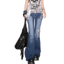 Damsjeans Blå Enfärgad Blommönster på Benet Fickor 100% Bomull Stilsäkra Lätta Byxor Modern Outfit 3