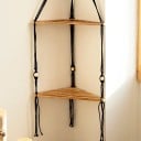Étagère d'angle suspendue 32,5 cm Étagère en bois à deux niveaux avec corde noire pour mur Étagère de rangement 3