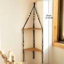 Étagère d'angle suspendue 32,5 cm Étagère en bois à deux niveaux avec corde noire pour mur Étagère de rangement 4