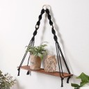 Trähängande vägghylla 10 × 35 × 38 cm Enplanshylla med snöre och pärlor Dekorativ boho hylla 4