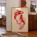 Graphique murale rétro 50 x 75 cm Deux carpes koi rouges en mouvement Impression sur toile douce Sans cadre Décoration artistique vintage 3