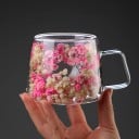 Dubbelskiktat glas mugg 200 ml med blommönster 9 × 8 × 7,5 cm mugg med handtag för kaffe te mjölk genomskinlig drickmugg 7