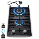 Plaque de Cuisson à Gaz Intégrée 2 Brûleurs Wok 3,4 kW Triple Anneau Verre Trempé Grilles en Fonte Allumage Électronique NG et LPG Noir 2