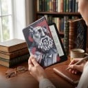 Rödgrå flipfodral 6 tum för Kindle 10:e generationen 2019 med antik busta av man och geometriska former med rem och folie 2