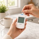 Blodsockermätare 3 i 1 med LCD-skärm och blodprovtagningpenna för mätning av glukos, ketonkroppar och urinsyra i enheter mmol/l vit 6