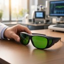 Skyddsglasögon mot laser 200 till 2000 nm med gröna linser och sidokåpor i svart ram för arbete med laser och gravyrmaskin 7