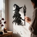Halloweensk dekorativ hängande dörrdekoration Häxa med långt hår och stav 30,28 x 40 cm Svart siluett Dekorativ skylt Inredning av ingång och hem 3