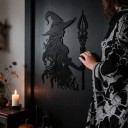 Halloweensk dekorativ hängande dörrdekoration Häxa med långt hår och stav 30,28 x 40 cm Svart siluett Dekorativ skylt Inredning av ingång och hem 4