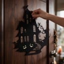 Halloween-dekorationsskylt för dörrar Spökhus med pumpor och träd Metallisk siluett Järn Svart Dekorativ skylt Inredning för entré och interiör 2