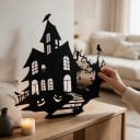 Halloween-dekorationsskylt för dörrar Spökhus med pumpor och träd Metallisk siluett Järn Svart Dekorativ skylt Inredning för entré och interiör 3
