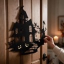 Halloween-dekorationsskylt för dörrar Spökhus med pumpor och träd Metallisk siluett Järn Svart Dekorativ skylt Inredning för entré och interiör 4