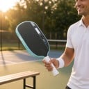 Pickleballracket av kolfiber 41,9 x 19,1 cm Kinetisk ram Kraftöverföring och stötabsorbering Kärna 16 mm Svart med turkos kant 3