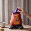 Uppblåsbar pumpa med ögon och häxhatt På stativ med spindelnät Orange lila och svart Halloween dekoration 3