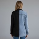 Damska jacka Patchwork med denim Asymmetrisk skärning Slag Knäppning med knappar Foder Polyester och bomull Svart och blått Till staden 8