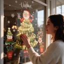 Julklistret till fönster Återanvändbara Santa utklädd till julgran Snögubbe och ren i kruka Grön Fönsterdekoration 4