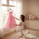 Barnkostym prinsessa Långa rosa klänningar med gyllene tryck av rosor och stjärnor Volanger över axlarna Polyester och nät Till karneval 3
