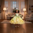 Flickornas lysande prinsesskostym Klänning med LED-lampor och blad Huvudband och smycken Armvärmare Bomull och polyester Grön och gul 6