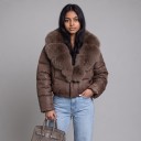 Damsk jacka med pälskrage kort quiltad jacka med stor fluffig krage lös passform för vintern i staden 7