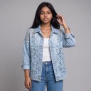 Damsk denimjacka med genomskinlig spets och knappar med krage och spetsiga ryggar lös passform blå jacka för staden och utflykter 5