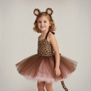 Flickkostym Gepard Klänning med Tutu-kjol och fläckigt mönster Huvudband med öron Svans Satin och spets Brun och rosa För karneval 2