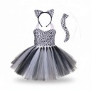 Flickkostym katt Klänning med tutu kjol och prickigt mönster Huvudband med kattöron Svans Satin och spets Svart vit och grå Till karneval 1