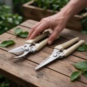 Set av trädgårdssaxar Beskärningssax 17,5 cm och rakbladssax 19,2 cm Metallblad och beige handtag med fjäder För trädgården 2