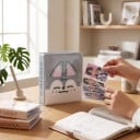 Mini fotoalbum s kresleným zvířátkem Na fotky 7,6 cm Rozměr 8,8 x 2,8 x 11 cm Průhledné kapsy Šedomodré Na fotky i sběratelské karty 7