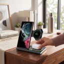 Fällbar trådlös laddstation 3i1 15 W med LED-belysning för Samsung Galaxy telefon, klocka och Buds USB-C Svart för nattduksbord 2