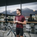 Herrcykeldress med kort ärm Hel dragkedja Elastiskt material 90 % polyester och 10 % Lycra Vinröd med röd mönster 7