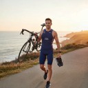 Herrcykelsats Tröja utan ärmar och shorts Elastiskt material 80 % polyester och 20 % spandex Mörkblå med röda och vita ränder 7