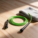 Švihadlo NEVERTOOLATE s tvrdým TPU lanem 5 mm Tvrdost 90A Délka 3,2 m Hmotnost 120 g Zelené lano a černé rukojeti Na speed skipping 2