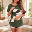 Camisola de grávida e amamentação de manga curta com abertura oculta para amamentação, camisola de duas camadas com decote redondo 5